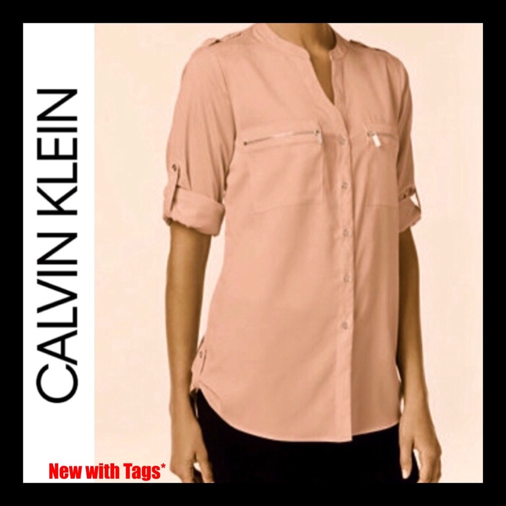 NWT Calvin Klein Zip Pocket Utility Blouse Top LG
